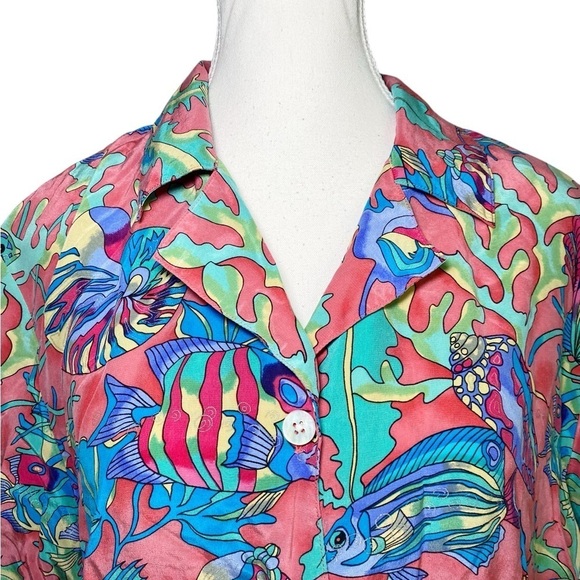 Ann May Silk Vintage Colorful Fish Print Button-Up Shirt - Picture 3 of 10